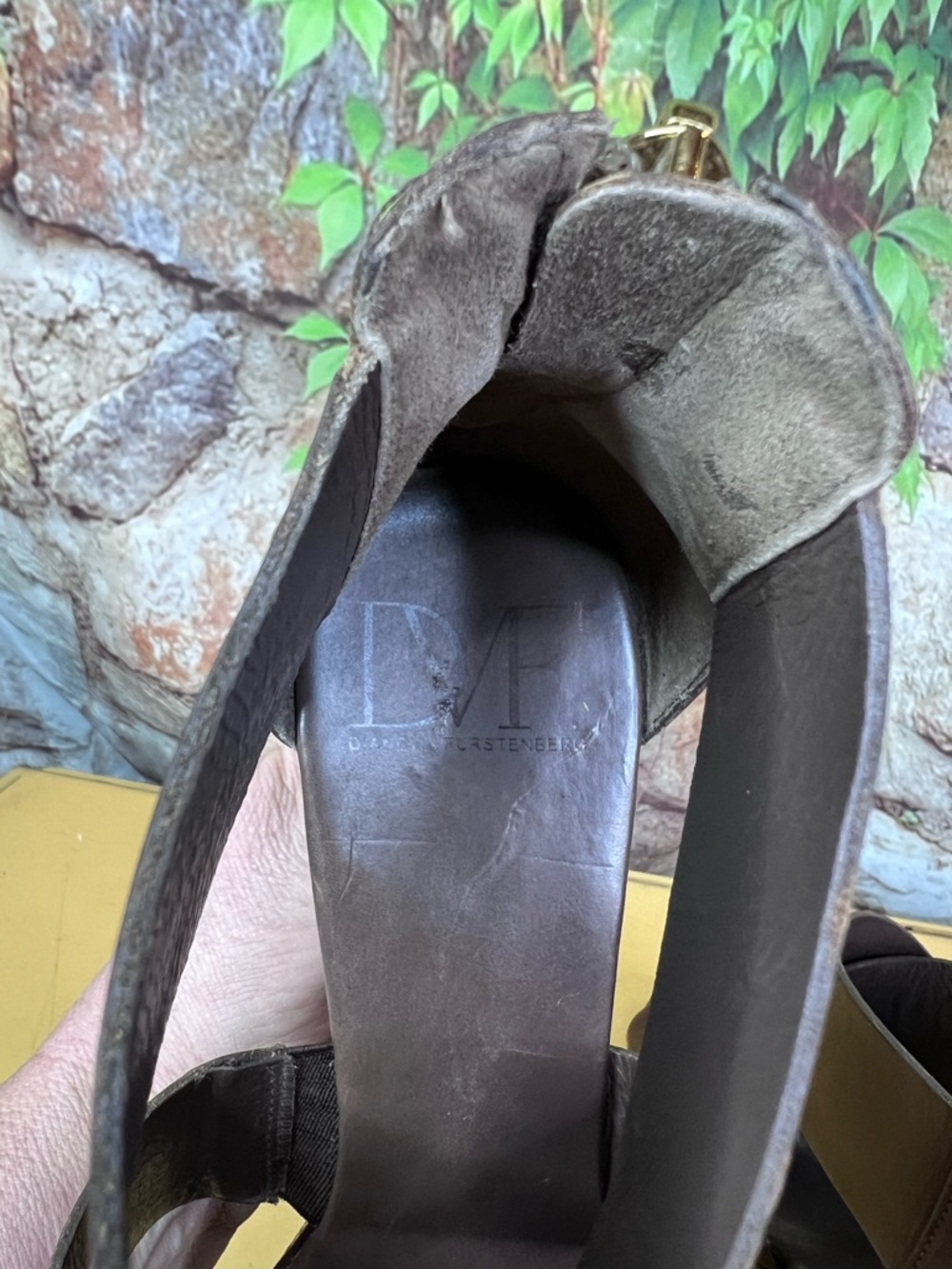 DIANE VON FURSTENBERG Crossover Strap Wooden Heel Wedge Sandals, 8M - Picture 9 of 14